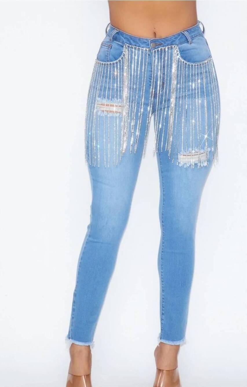 NEW HOT & DELICIOUS rhinestone fringe denim skinny jeans in blue